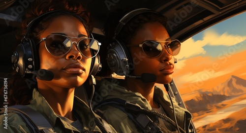 illustration african american military women piloting airplane. empowered women. multicultural women. generated with ia