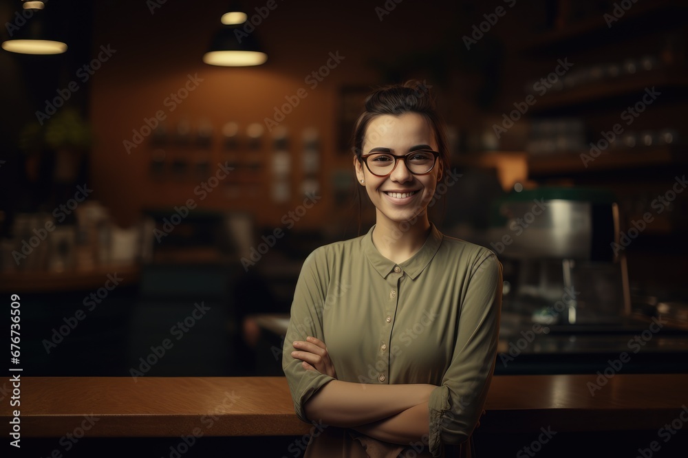 Portrait of a smiling server woman working in a bar-restaurant or club. Generative AI Portrait of a smiling server woman working in a bar-restaurant or club. Generative AI