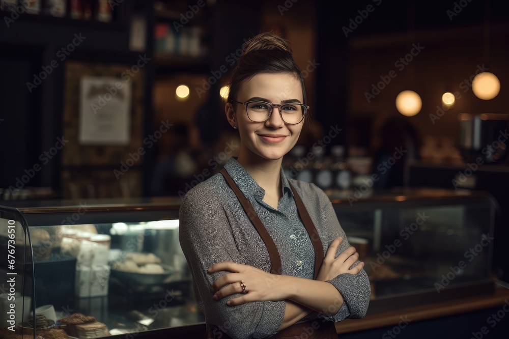 Portrait of a smiling server woman working in a bar-restaurant or club. Generative AI Portrait of a smiling server woman working in a bar-restaurant or club. Generative AI