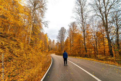 A man walking alone on a deserted forest road full of yellowed trees.