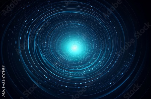 Swirling orbicular blue digital background. Circular neon spiral flow to neon light center. Generate ai
