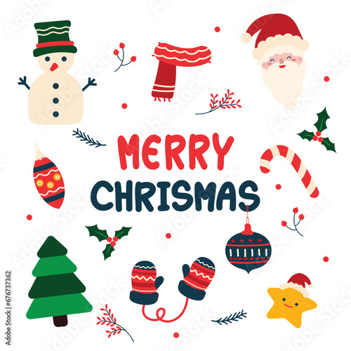 Vector set of festive Christmas clipart elements 
and stylish icons featuring New Year decoration illustrations, flat cartoon design elements.