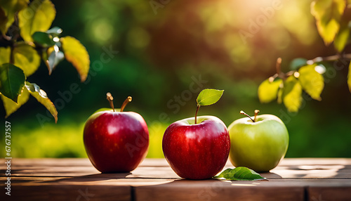 red apples sitting on a wooden table. The apples are both round and have smooth  shiny skin. The stems of the apples are green and leafy. The background of the image is blurred.