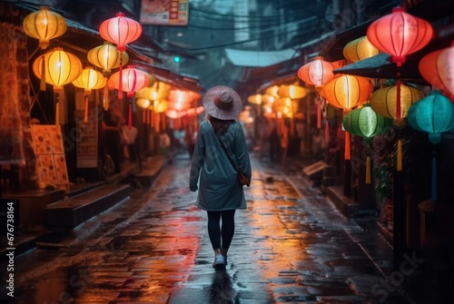 Woman walking alone on rainy weather. Back view of lady on street with hanging lanterns. Generate ai photo