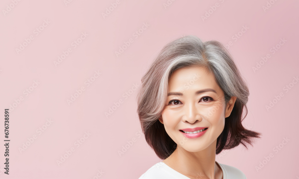 Beautiful japanese middle age woman on pastel background with copy space Beautiful japanese middle age woman on pastel background with copy space