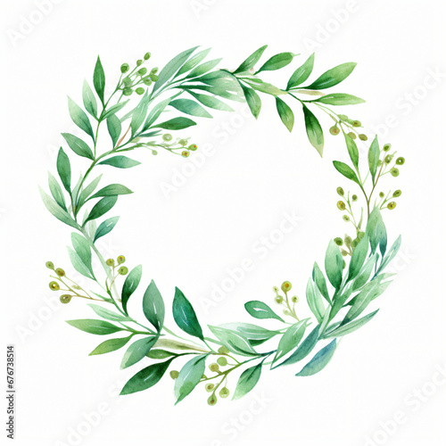 Green Watercolor Foliage Wreath Clipart isolated on white background © khan