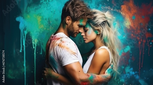Handsome man and attractive woman covered with multicolored paint. Concept National Hugging Day