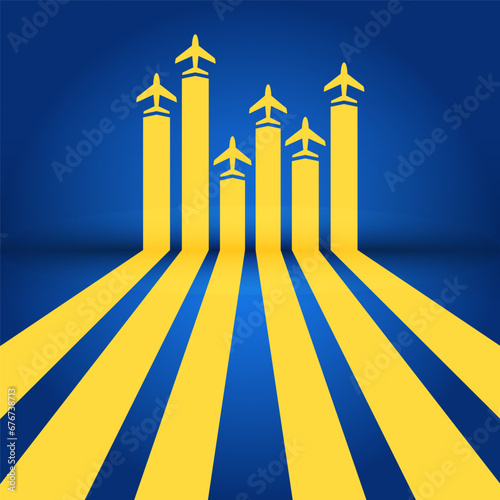 Vector illustration with yellow stripes from airplanes taking off on blue background.