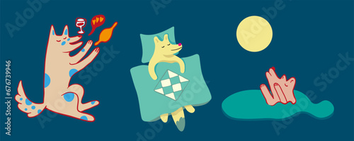 set of dogs in vector. Pets,cute animals, animal protection.Template for postcard sticker logo poster for app website. A series of furry dogs in flat style
