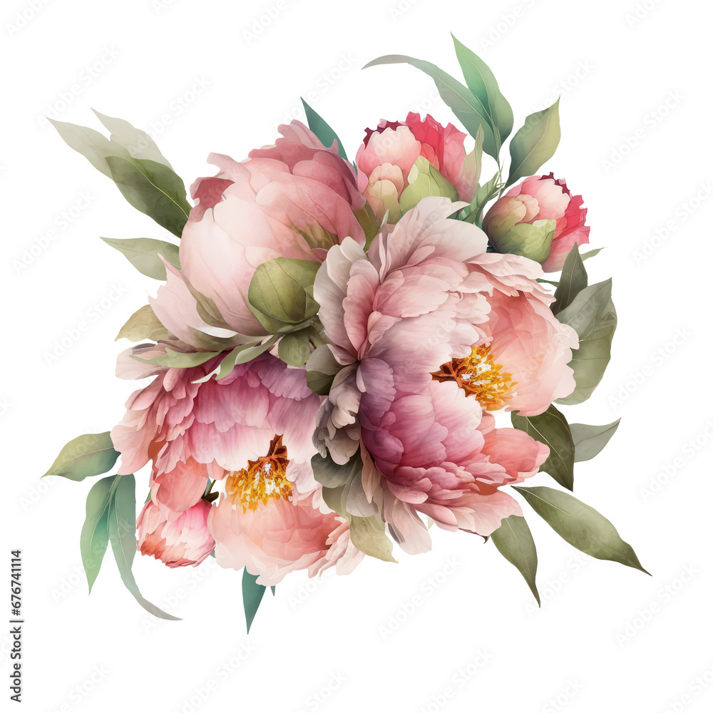 Peonies Watercolor Illustration Beautiful Isolated Flowers Floral Decoration Clip Art Isolated Background