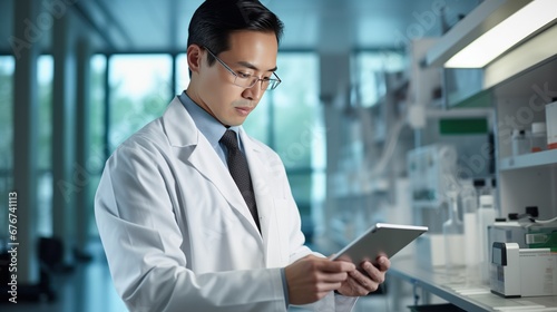 Focused engineer in a well-lit laboratory, wearing a white lab coat, analyzing complex data on a tablet device. Intense concentration and confident expertise in scientific research and innovation