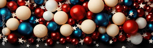 Concept of celebrating America's Independence Day. Top view flat banner image in the colors of the national flag of blue, red, white balls with stars on a blue background