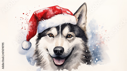 Watercolor painting of happy siberian husky dog wearing Santa hat for christmas festival. photo