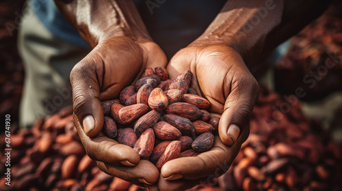Cacao  beans in hand Generative Ai
