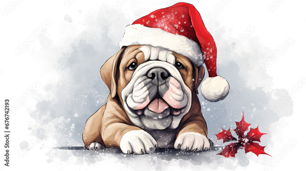 Happy bulldog dog or puppy wearing Santa hat for christmas festival. Mixed grunge colorful pop art style illustration.