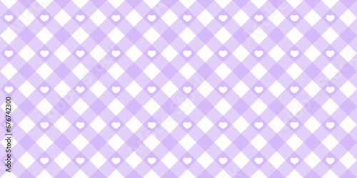 Gingham heart diagonal seamless pattern in purple pastel color. Vichy plaid design for Easter holiday textile decorative. Vector checkered pattern for fabric - picnic blanket, tablecloth, dress