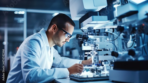 Engineer in a high-tech lab, wearing a white coat and safety goggles, working with complex machinery. Precision, focus, and expertise in technology, science, and research.