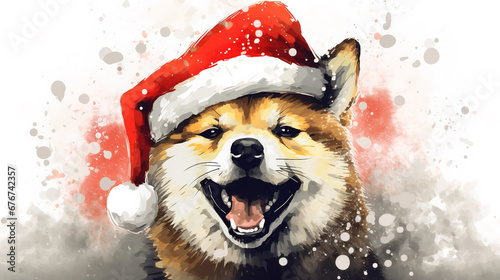 Happy shiba dog or puppy wearing Santa hat for christmas festival. Mixed grunge colorful pop art style illustration.