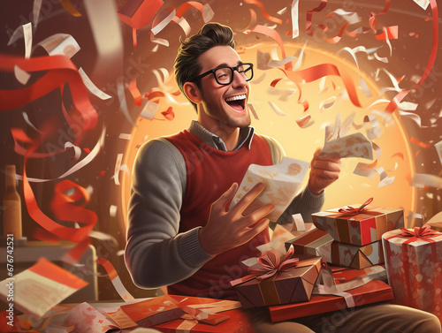 An Illustration Of A Man Unwrapping A Gift And Finding Tickets To His Favorite Sports Event