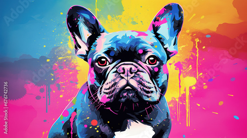 Illustration of French Bulldog dog in abstract mixed grunge colorful pop art style.