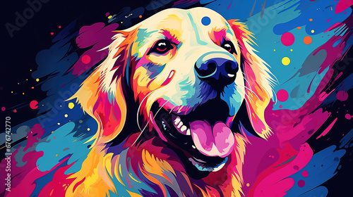 Illustration of Golden Retriever dog in abstract mixed grunge colorful pop art style.