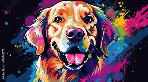 Illustration of Golden Retriever dog in abstract mixed grunge colorful pop art style.