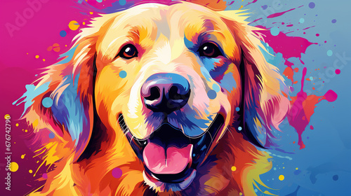 Illustration of Golden Retriever dog in abstract mixed grunge colorful pop art style.