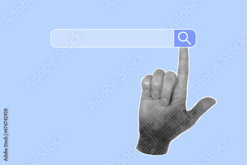 Halftone collage banner, hand gesture pointing to search bar on purple background. Pop art illustration, internet, magnifying glass.