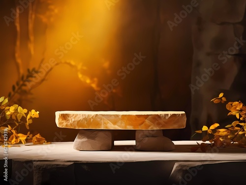 Product stone podium in yellow colors for product presentation. Mockup for branding, packaging.