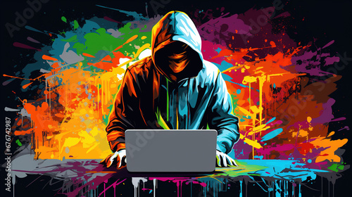 Illustration of hacker working on laptop. abstract mixed grunge colorful pop art style. photo