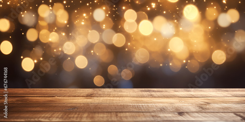 Wooden table top on blurred glittering background  Golden particles  Party Bokeh Background Abstract Backdrop  generative Ai
