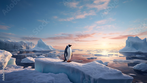 A penguin stands on a glacier and admires the sea  high glaciers in winter natural conditions.