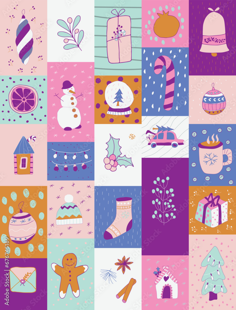 Bright Christmas Advent calendar. Winter holidays. Christmas attributes. Christmas banner. Vector illustration.