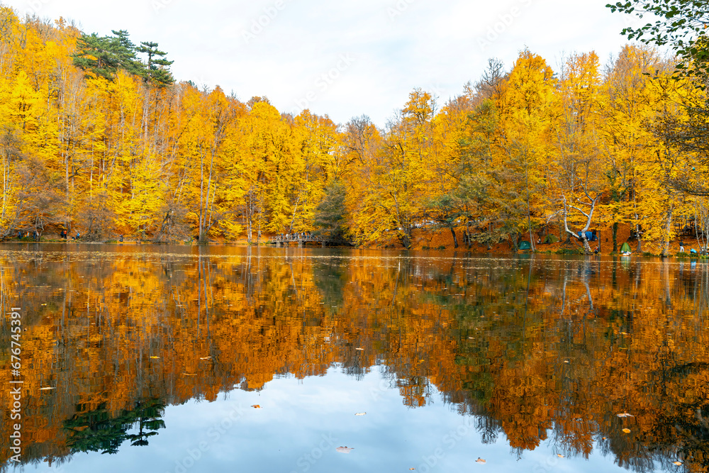 The image of autumn trees reflected in the clear water of the lake. The magnificent harmony of the blue sky and yellowing leaves. Yedigoller, Bolu.