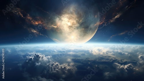 Vibrant colors and intricate details fill the planet's atmosphere, with swirling gases and stormy cloud formations. A hyper-realistic stock image capturing the beauty of atmospheric dynamics, set aga