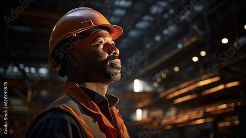 Curious construction worker in reflective vest and hard hat gazes out at sea from industrial warehouse, surrounded by machinery and equipment photo