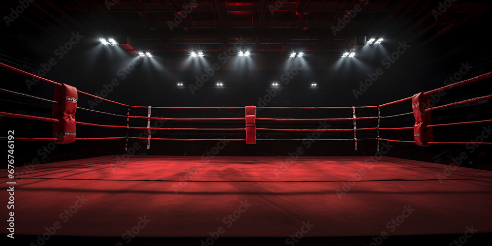 Boxing arena, A close up of a boxing ring with red ropes and lights, Boxing Ring, Wrestling Stadium, generative Ai