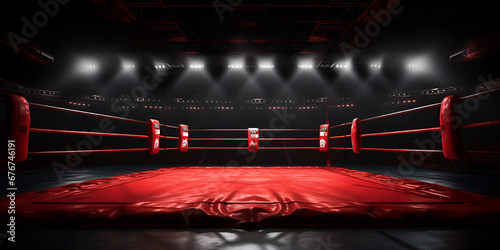 Boxing Room, Wrestling Background, Professional boxing arena in lights with chair, Boxing ring with illumination by spotlights, A boxing ring with a ring in the center and a light,  generative Ai  © Muhammad