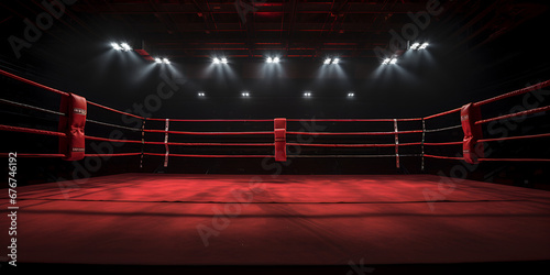 Boxing arena, A close up of a boxing ring with red ropes and lights, Boxing Ring, Wrestling Stadium, generative Ai