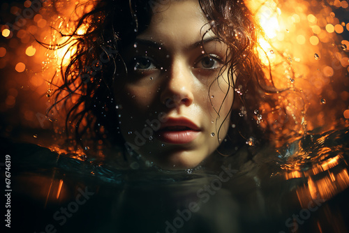 A girl emerging from the water. The face is above the surface of the water.