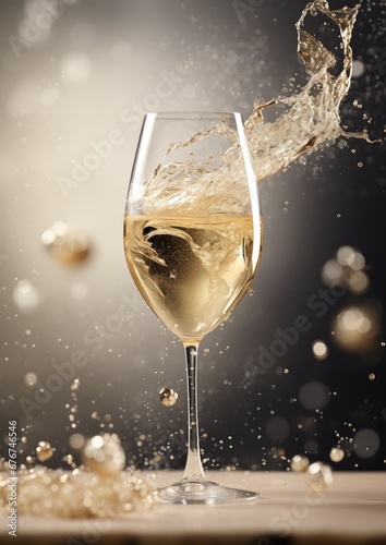 Sparkling wine in a glistening glass with elegant bubbles, captured in a hyper-realistic image. Playful composition with a carnivalcore twist, featuring a whimsical celebration photo