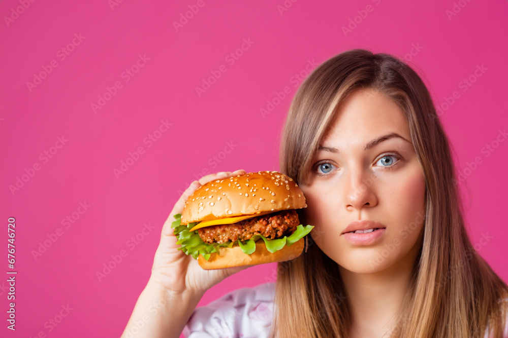 a woman stands with a hamburger in her hands. beautiful girl holding an appetizing hamburger with chicken cutlet, pink background. fast food concept a woman stands with a hamburger in her hands. beautiful girl holding an appetizing hamburger with chicken cutlet, pink background. fast food concept