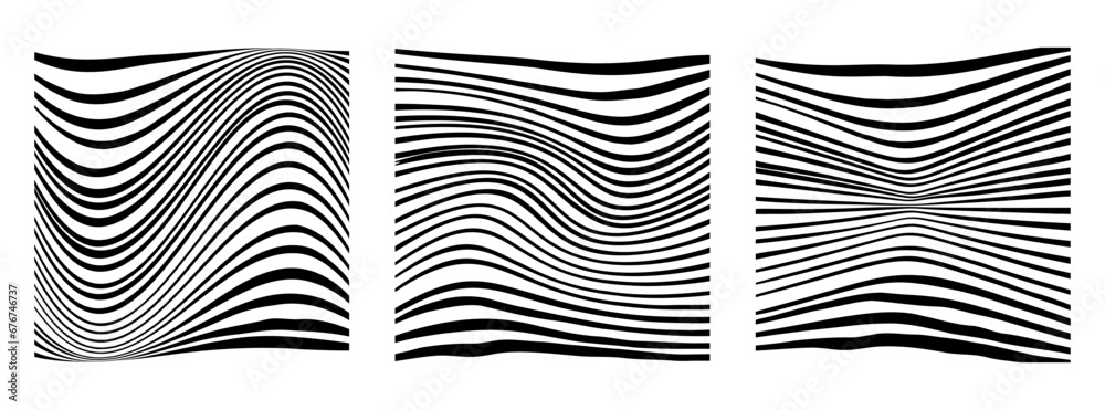 Set of square backgrounds with abstract wavy lines. Psychedelic optical illusions