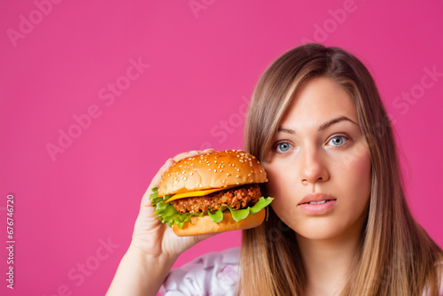 a woman stands with a hamburger in her hands. beautiful girl holding an appetizing hamburger with chicken cutlet, pink background. fast food concept