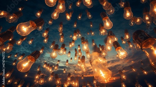 AI illustration of a variety of illuminated lightbulbs against the backdrop of dark sky