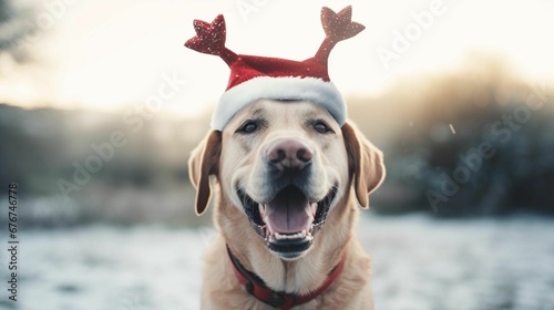 AI illustration of an adorable labrador wearing a festive reindeer antler hat photo