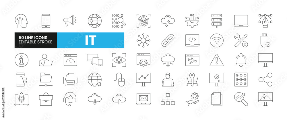 Set of 50 Information Technology line icons set. Information Technology outline icons with editable stroke collection. Includes Devices, Website, Cloud Computing, Connections, Link Building, and More. Set of 50 Information Technology line icons set. Information Technology outline icons with editable stroke collection. Includes Devices, Website, Cloud Computing, Connections, Link Building, and More.