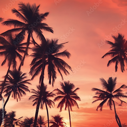 Sunset orange coral salmon abstract background for design. Sunset skies, tropical palm trees, and beach scenes. Vacation paradise. Relaxing, tranquil. Warm and exotic colors. Travel brochure.