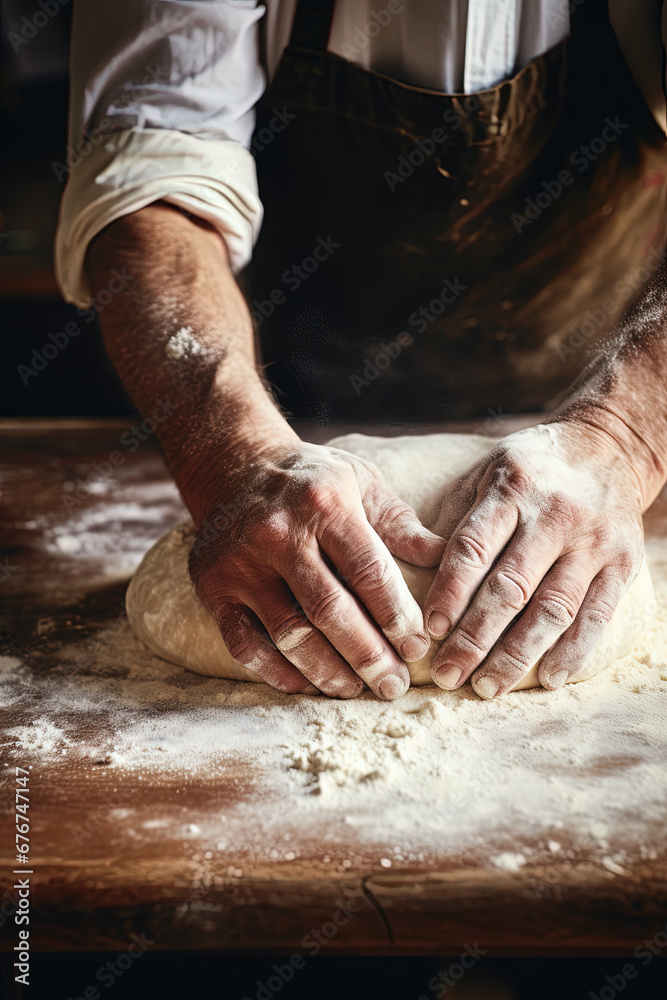 The baker kneads the dough. Bakery. Generative AI