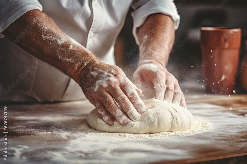 The baker kneads the dough. Bakery. Generative AI